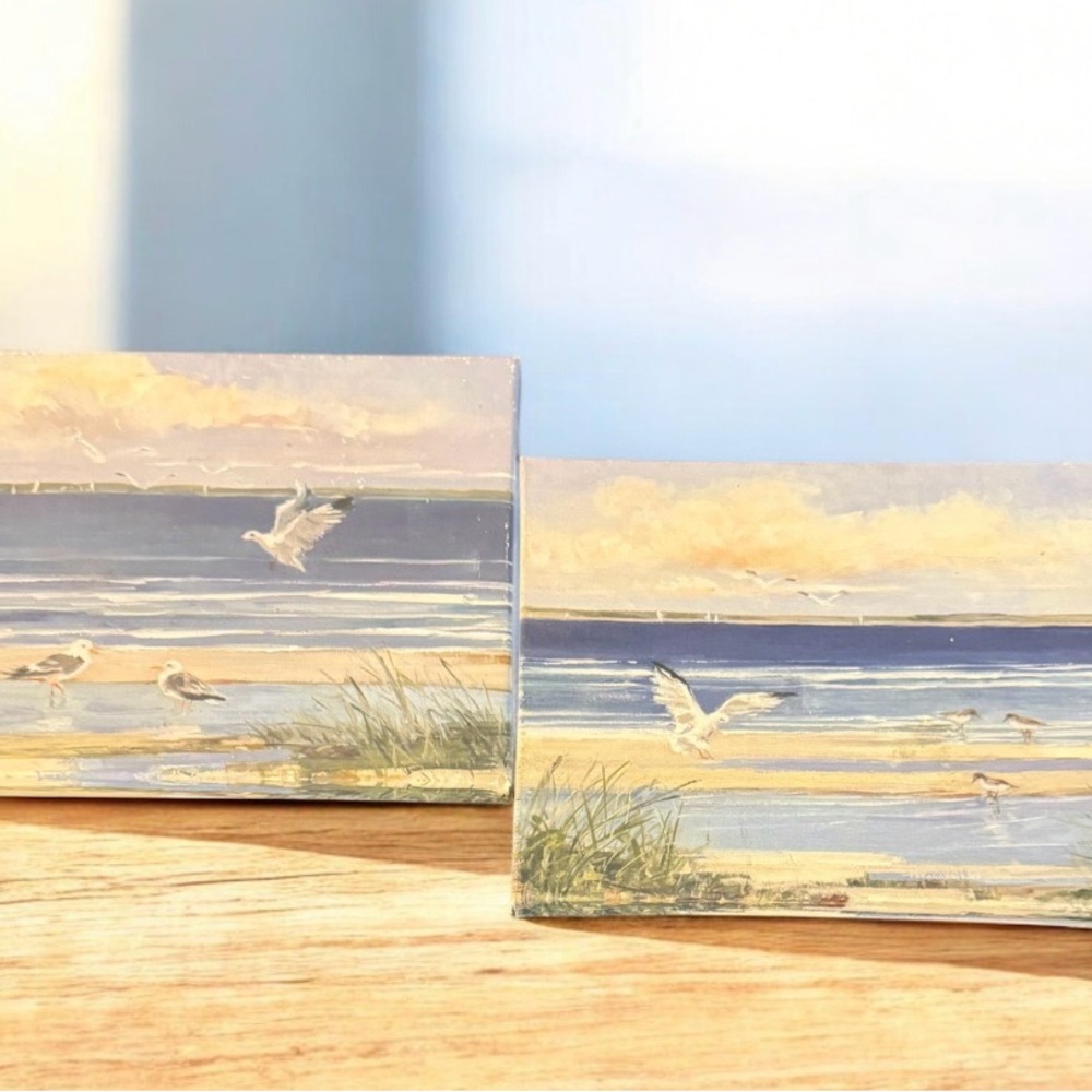 Seagulls On Canvas Beach Ocean 5”x7” Pair Lot Of 2